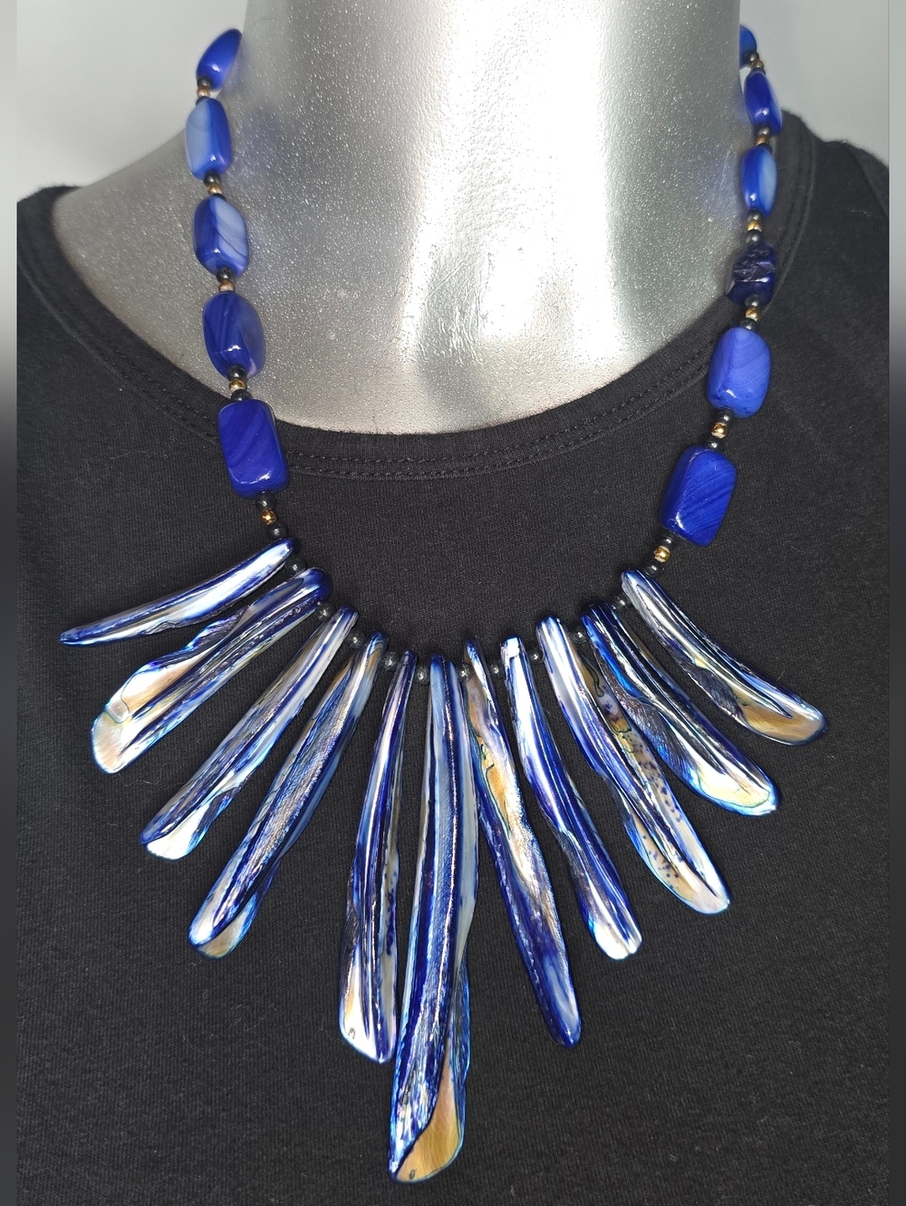 Vintage Blue Mother of Pearl and Biwa branches Pearl Necklace 20''